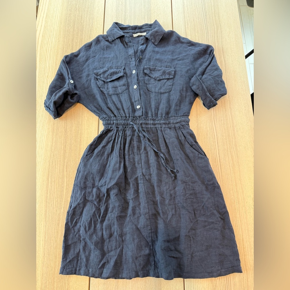 Dark blue linen 3/4 sleeve pockets Small drawstring waist shirt dress